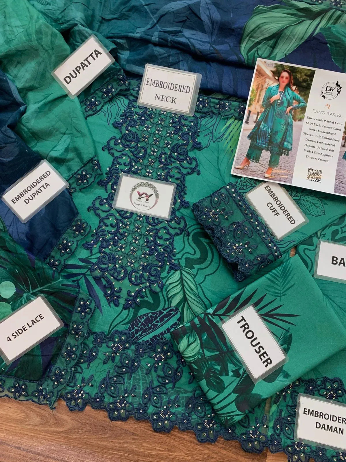 Rang Rasiya – Emerald Teal Tropical Leaf Print with Mirror-Work Gala – 3PC