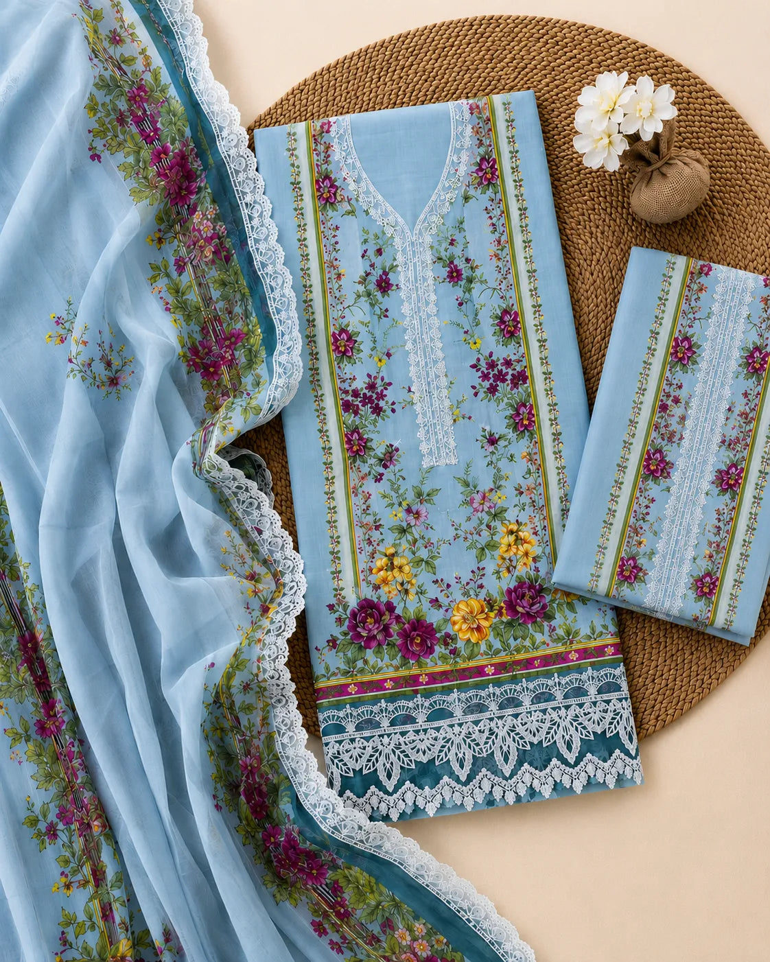 Maria B – Aqua Garden Floral Embroidered Lawn – 3PC