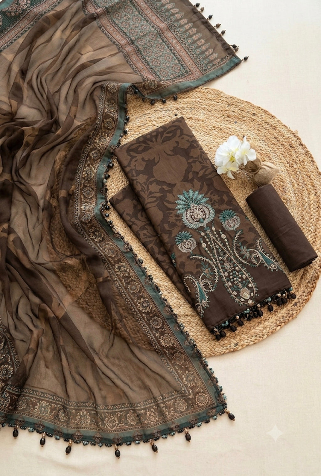 Maria B – Chocolate Brown Premium Cambric with Teal Border – 3PC
