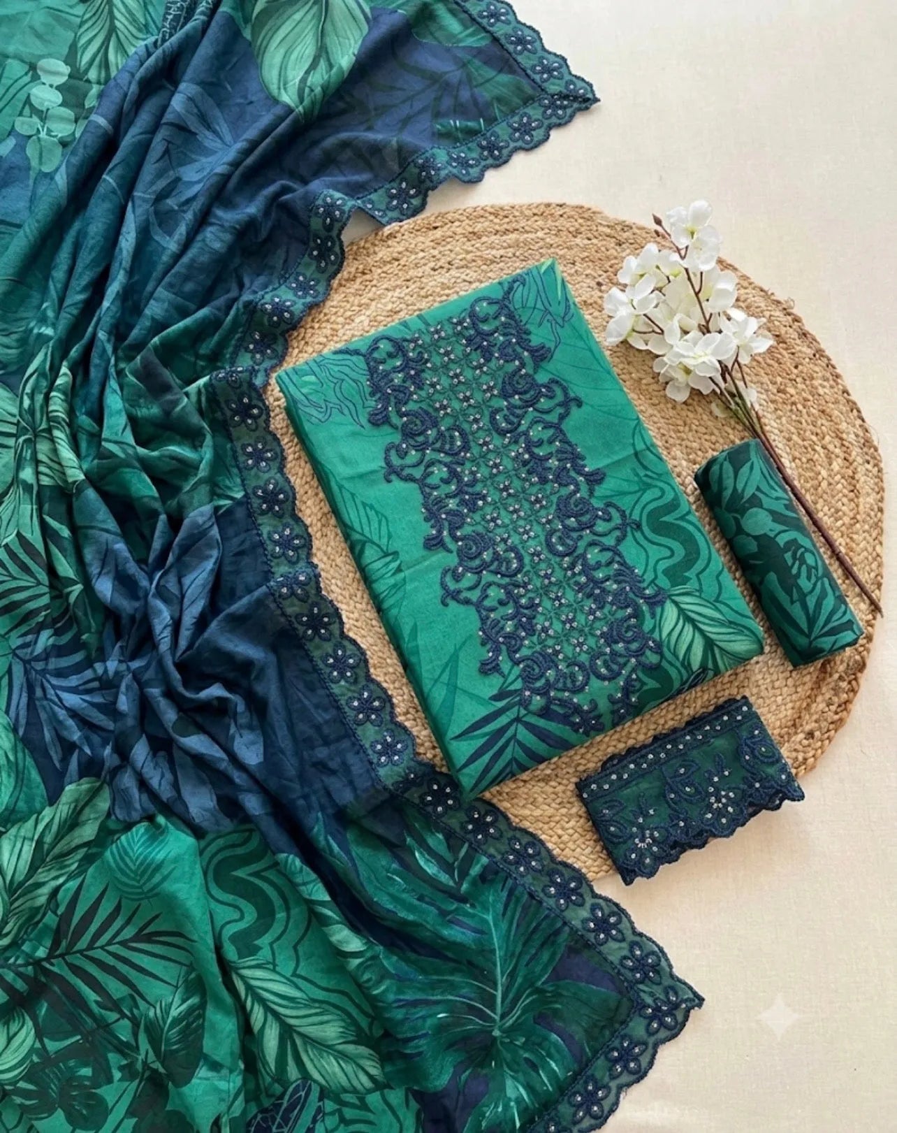 Rang Rasiya – Emerald Teal Tropical Leaf Print with Mirror-Work Gala – 3PC