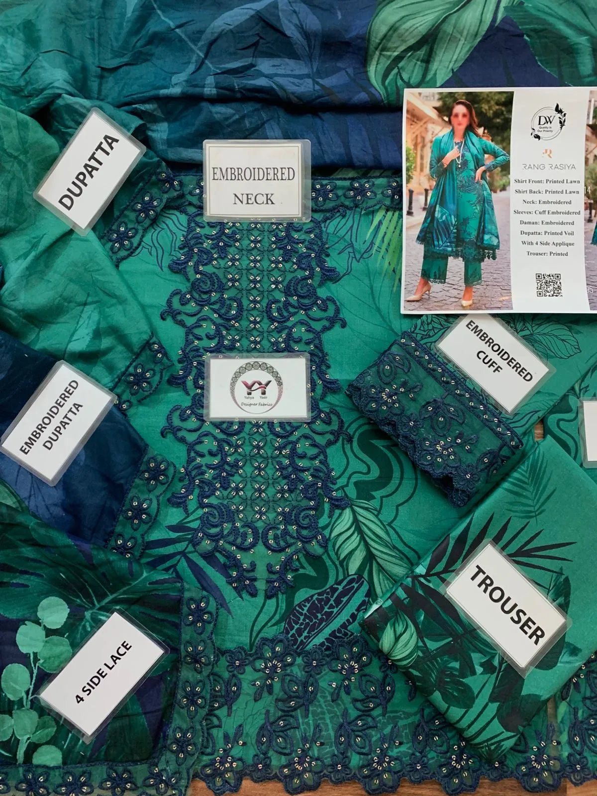 Rang Rasiya – Emerald Teal Tropical Leaf Print with Mirror-Work Gala – 3PC