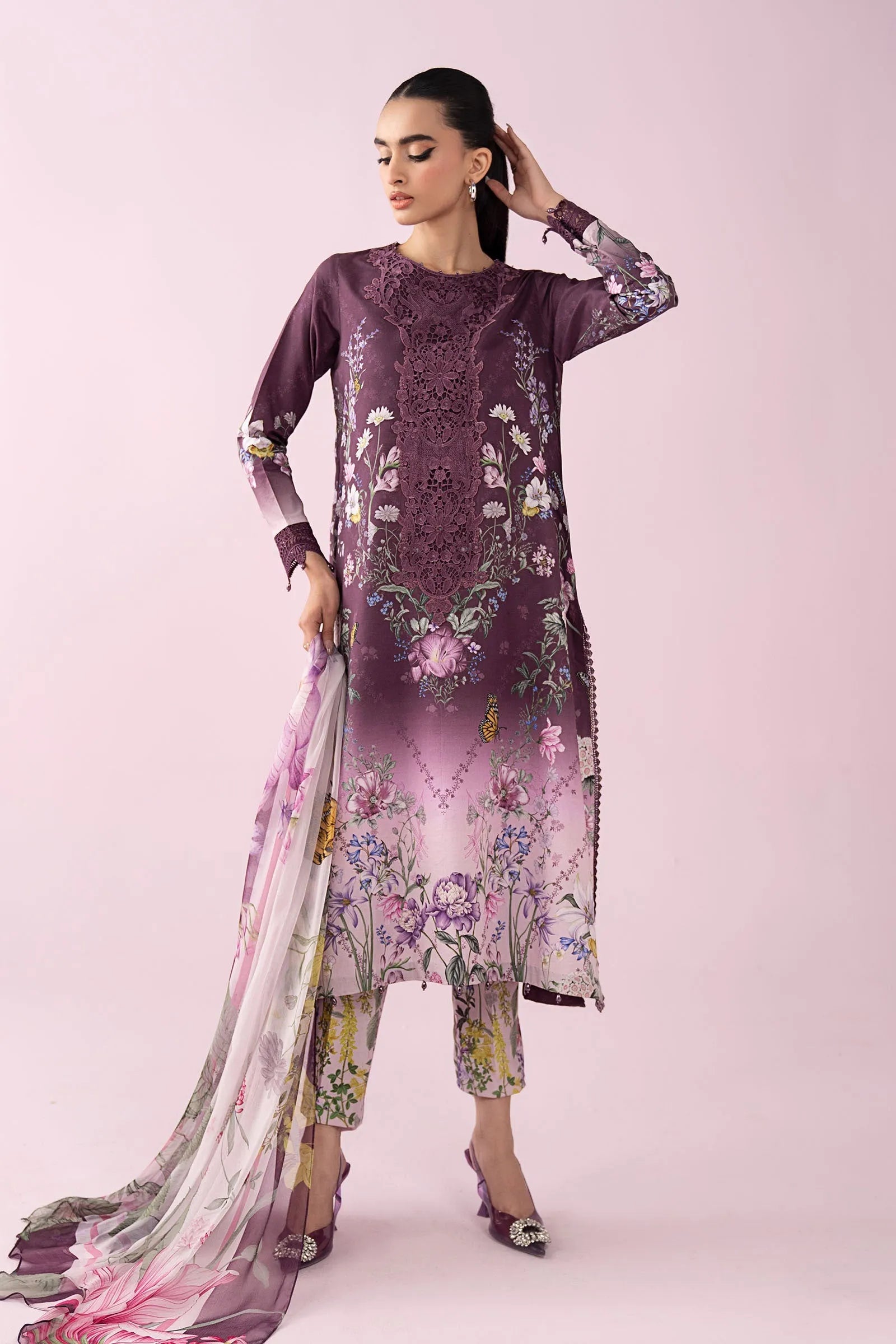 Maria B – Deep Purple Royal Floral Lawn with Cutwork Daman – 3PC