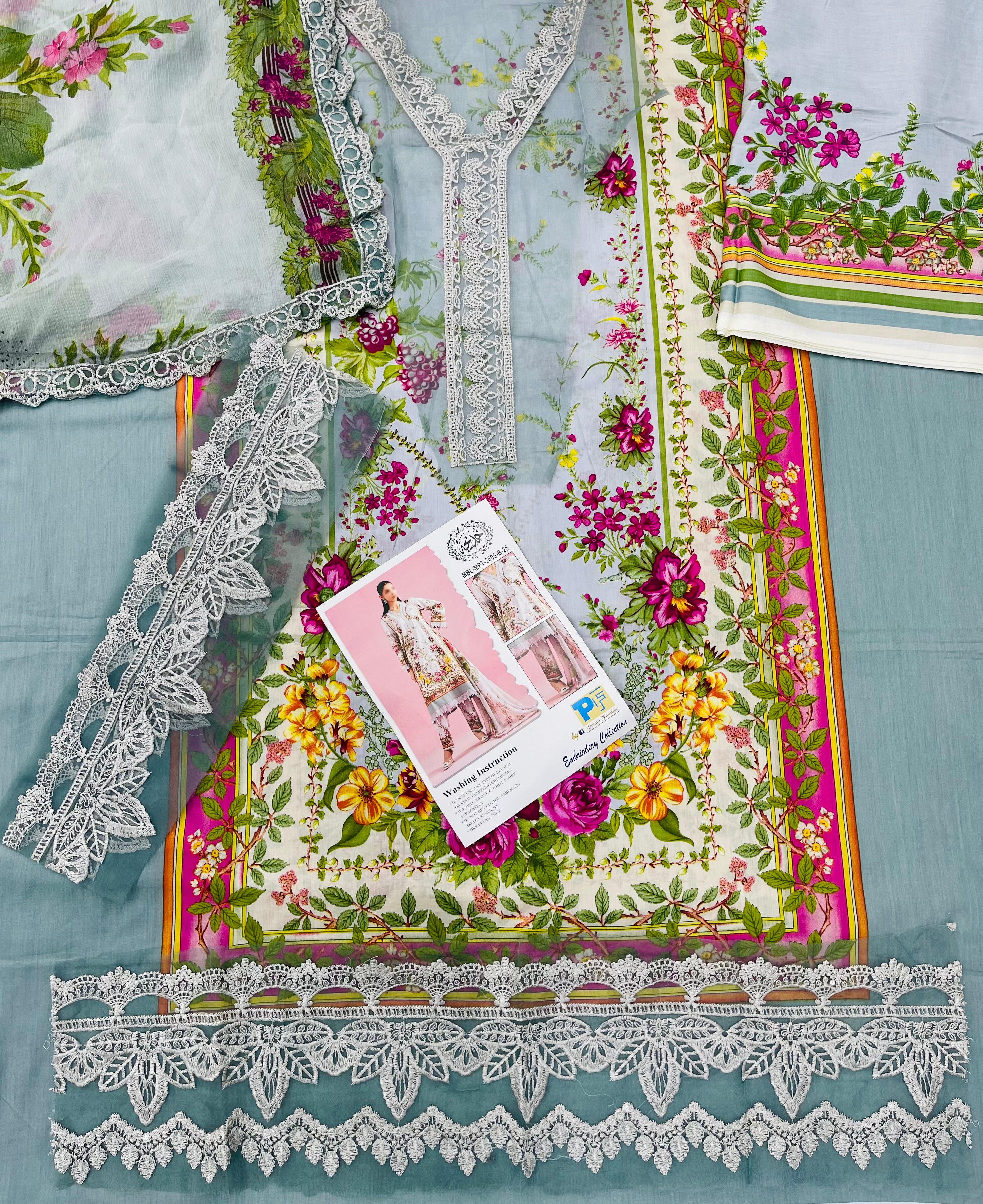 Maria B – Aqua Garden Floral Embroidered Lawn – 3PC