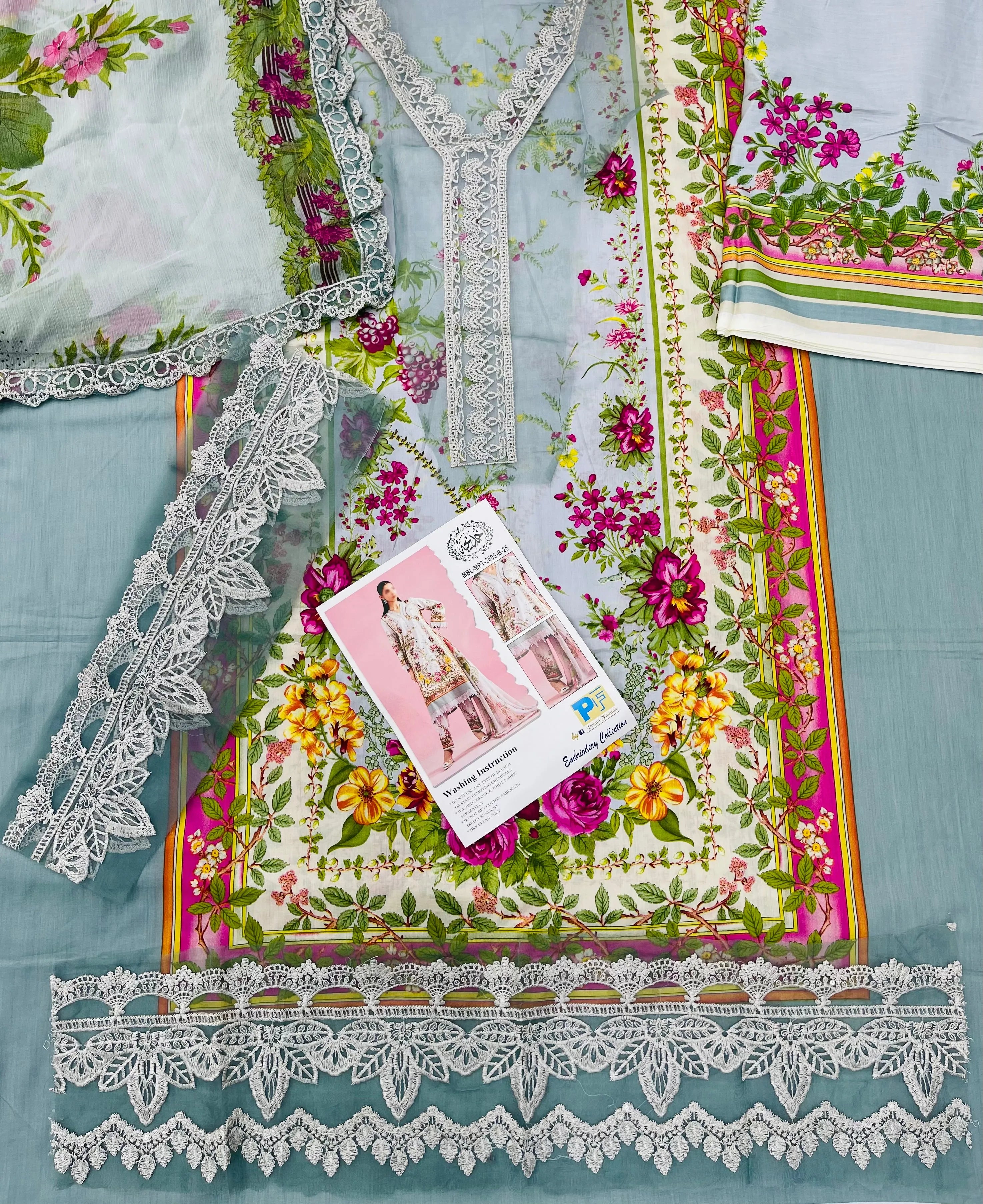 Maria B – Aqua Garden Floral Embroidered Lawn – 3PC