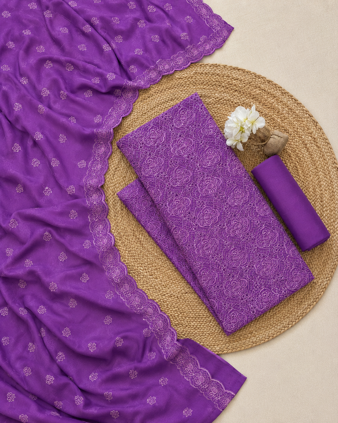 Qadri Arts Purple Chikankari & Schiffli Cutwork 3-Piece Suit
