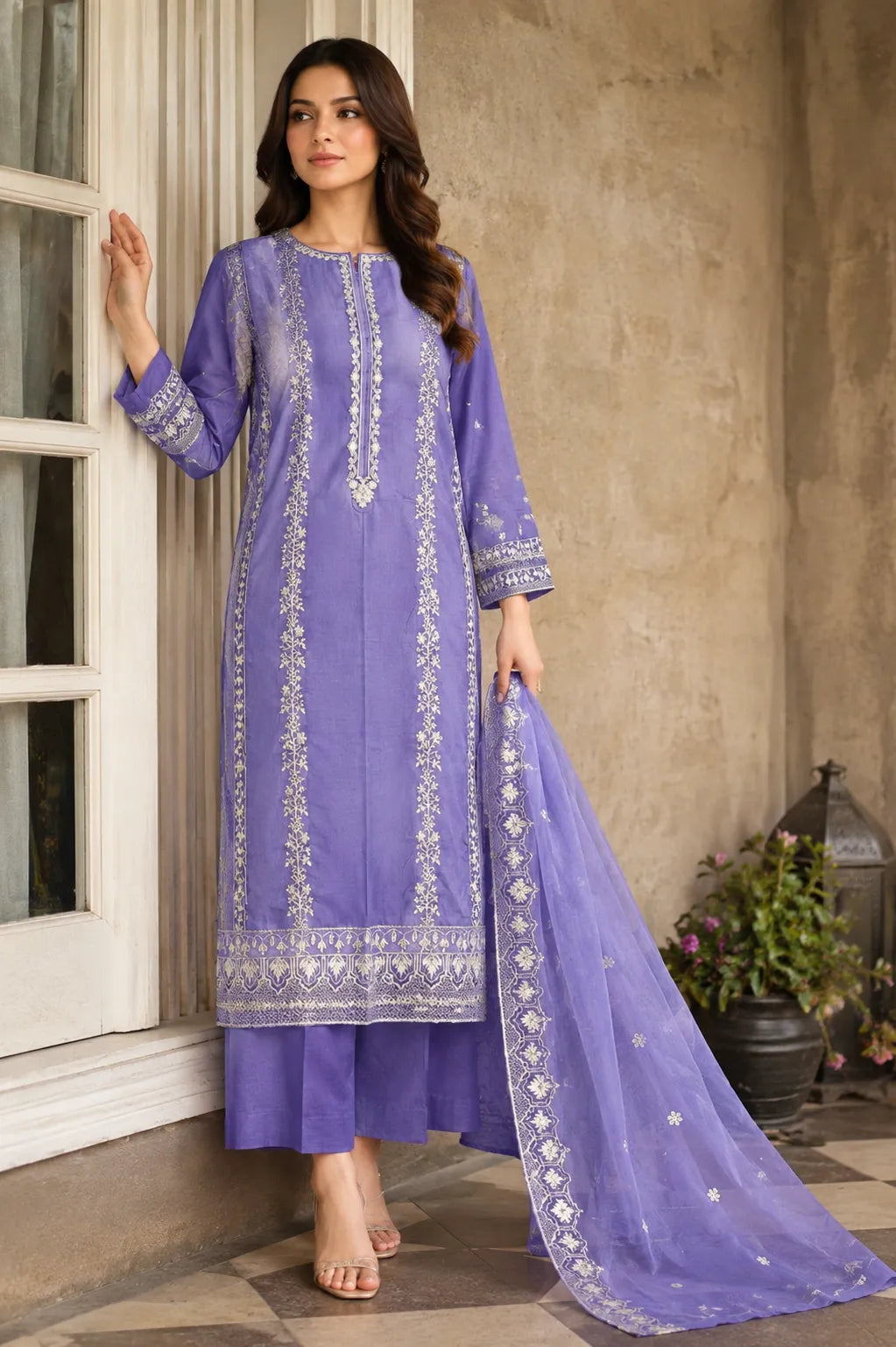 Qadri arts Lavender Chikankari Embroidered Lawn -3PC