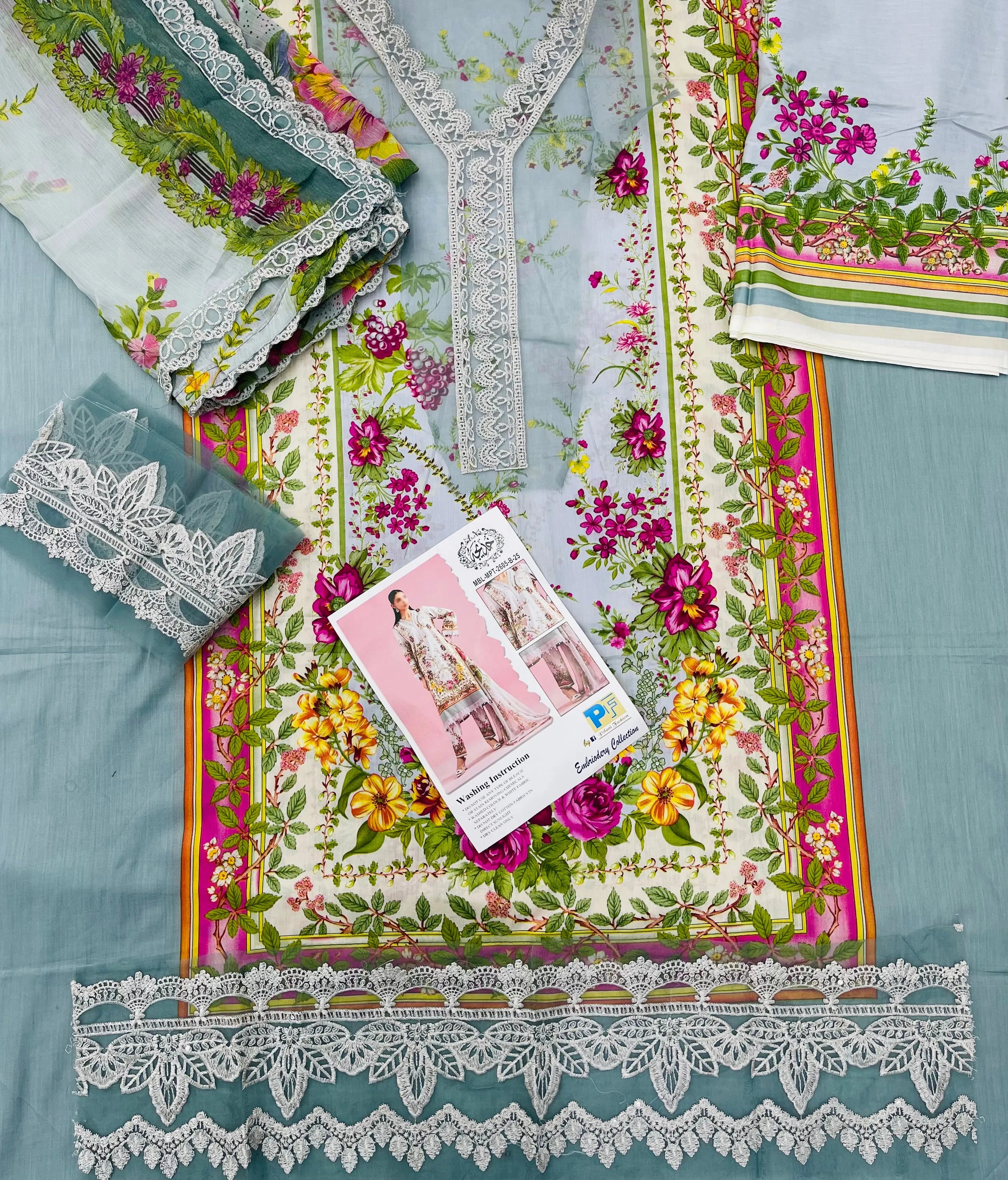 Maria B – Aqua Garden Floral Embroidered Lawn – 3PC