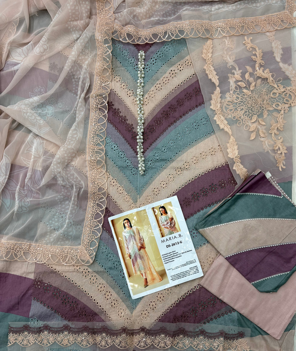 Maria B Inspired Luxury Lawn 3 Piece Suit – Pastel Chevron Embroidered Edition