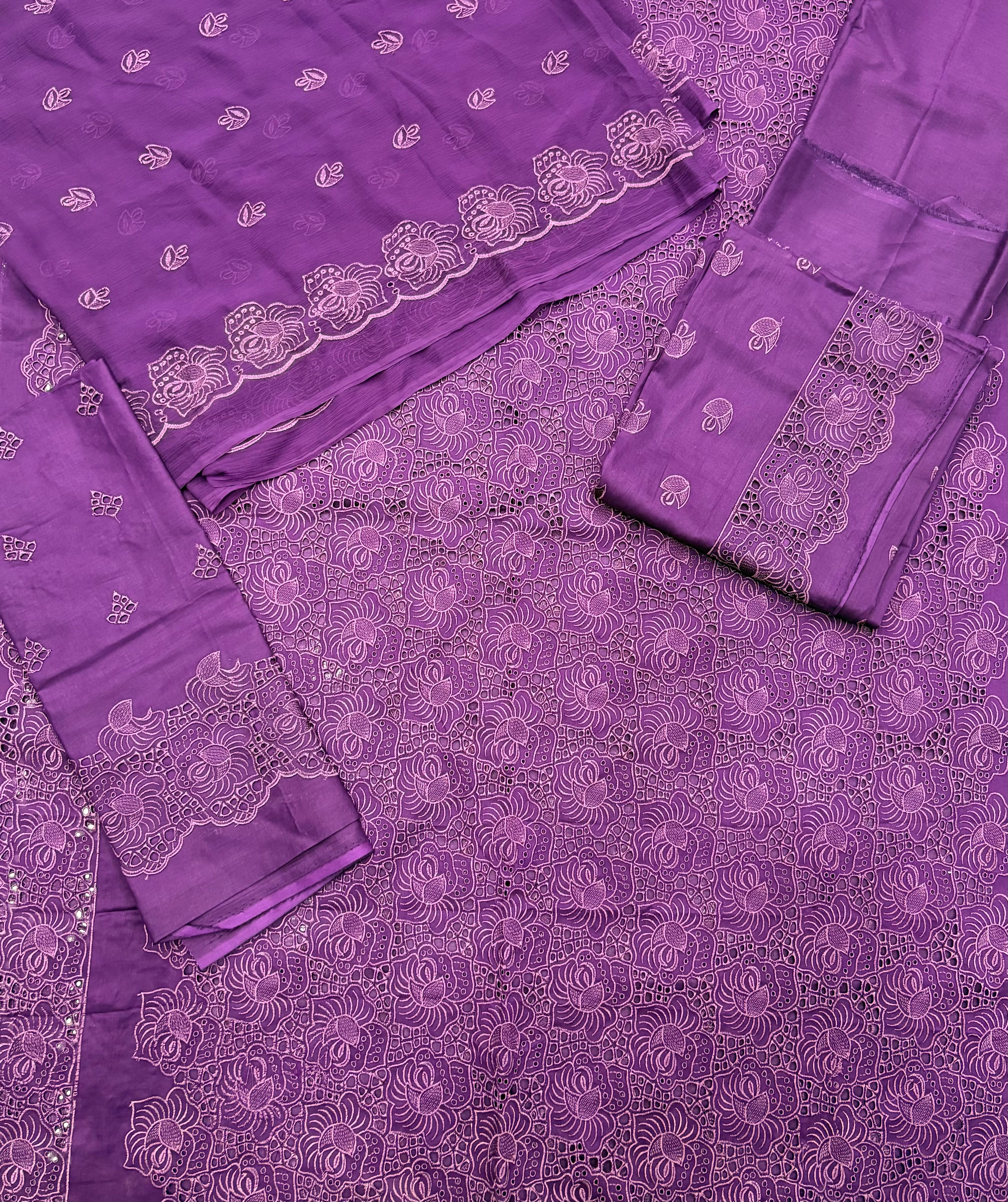 Qadri Arts Purple Chikankari & Schiffli Cutwork 3-Piece Suit