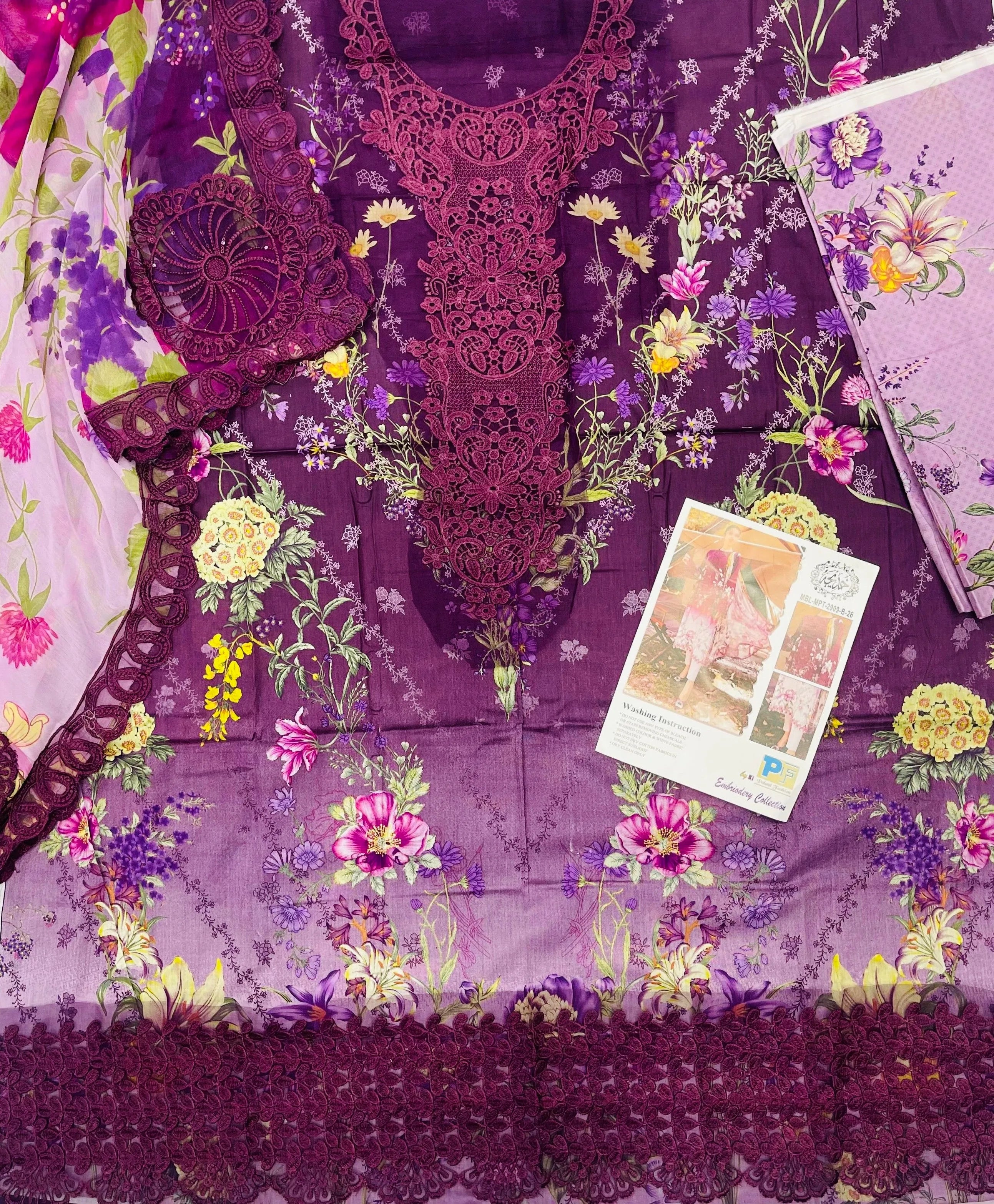 Maria B – Deep Purple Royal Floral Lawn with Cutwork Daman – 3PC