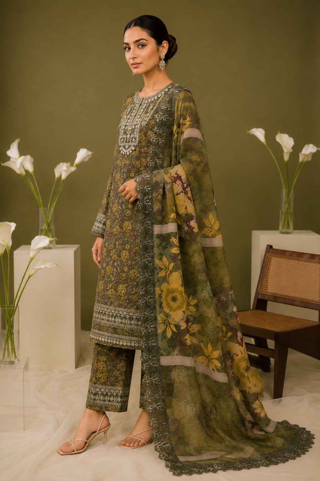 Mohagni – Vintage Olive Green Floral Printed Lawn – 3PC