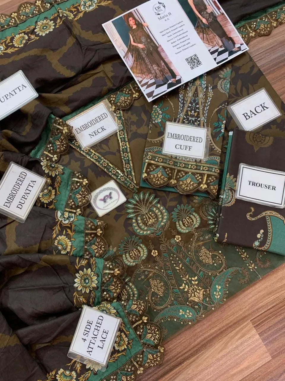 Maria B – Chocolate Brown Premium Cambric with Teal Border – 3PC