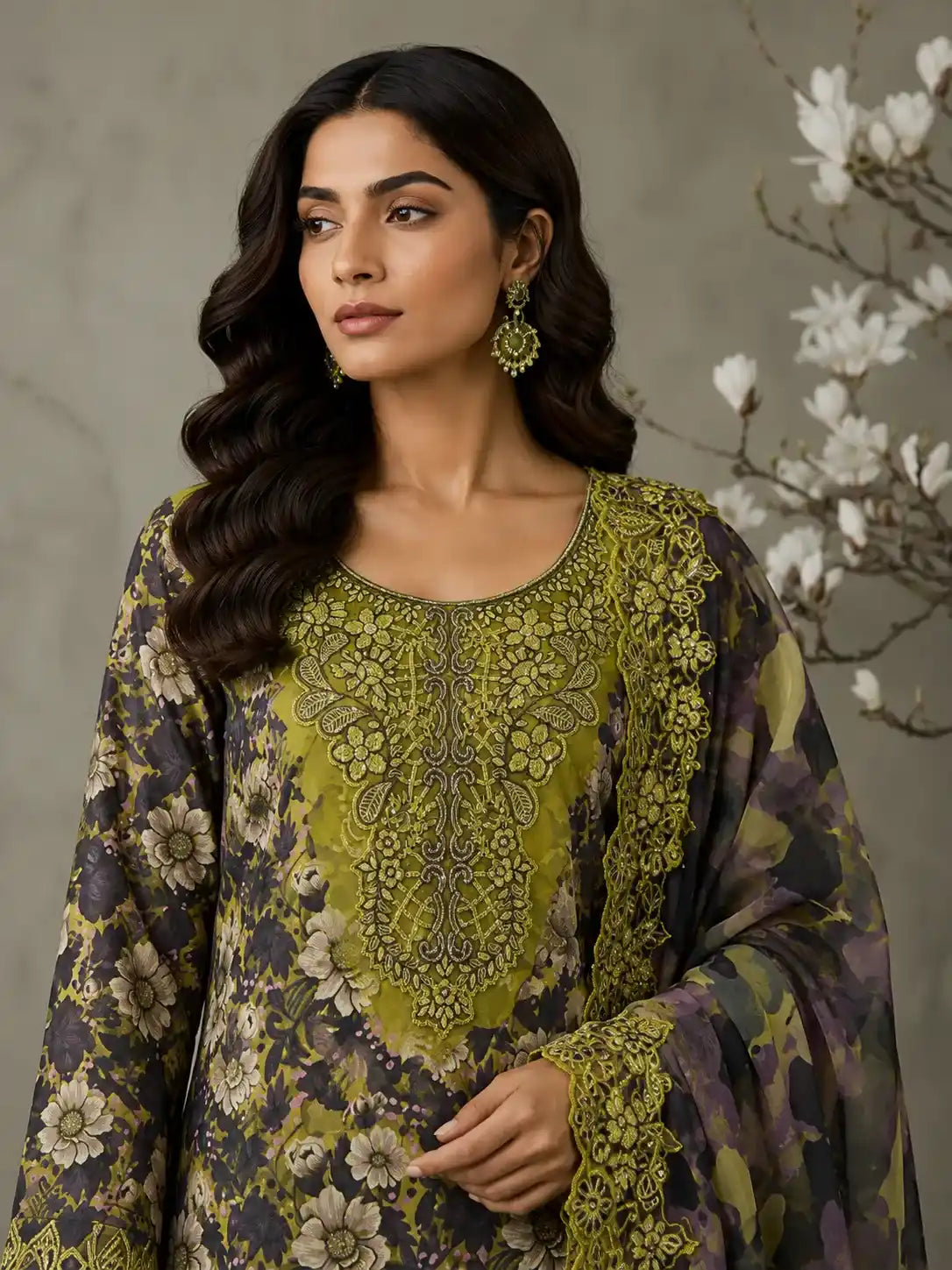Ramsha – Olive Blossom Luxury Printed Lawn – 3PC