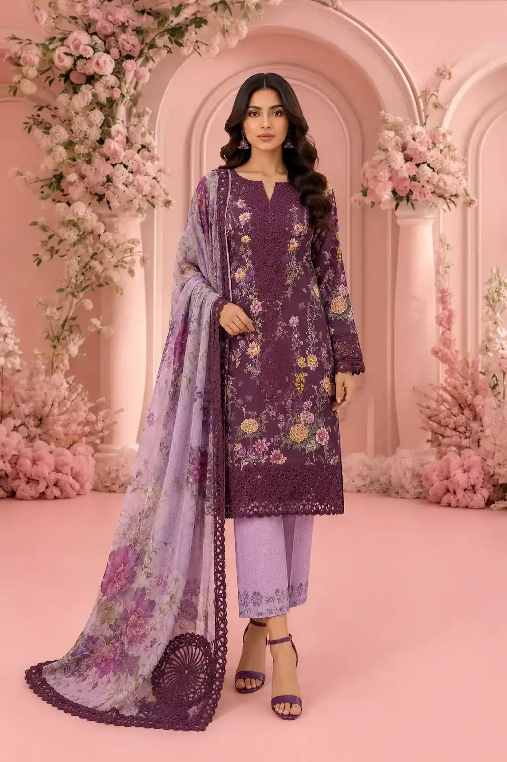 Maria B – Deep Purple Royal Floral Lawn with Cutwork Daman – 3PC