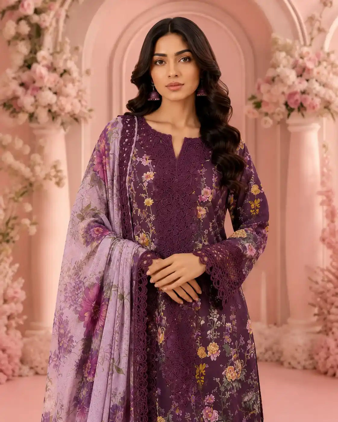 Maria B – Deep Purple Royal Floral Lawn with Cutwork Daman – 3PC