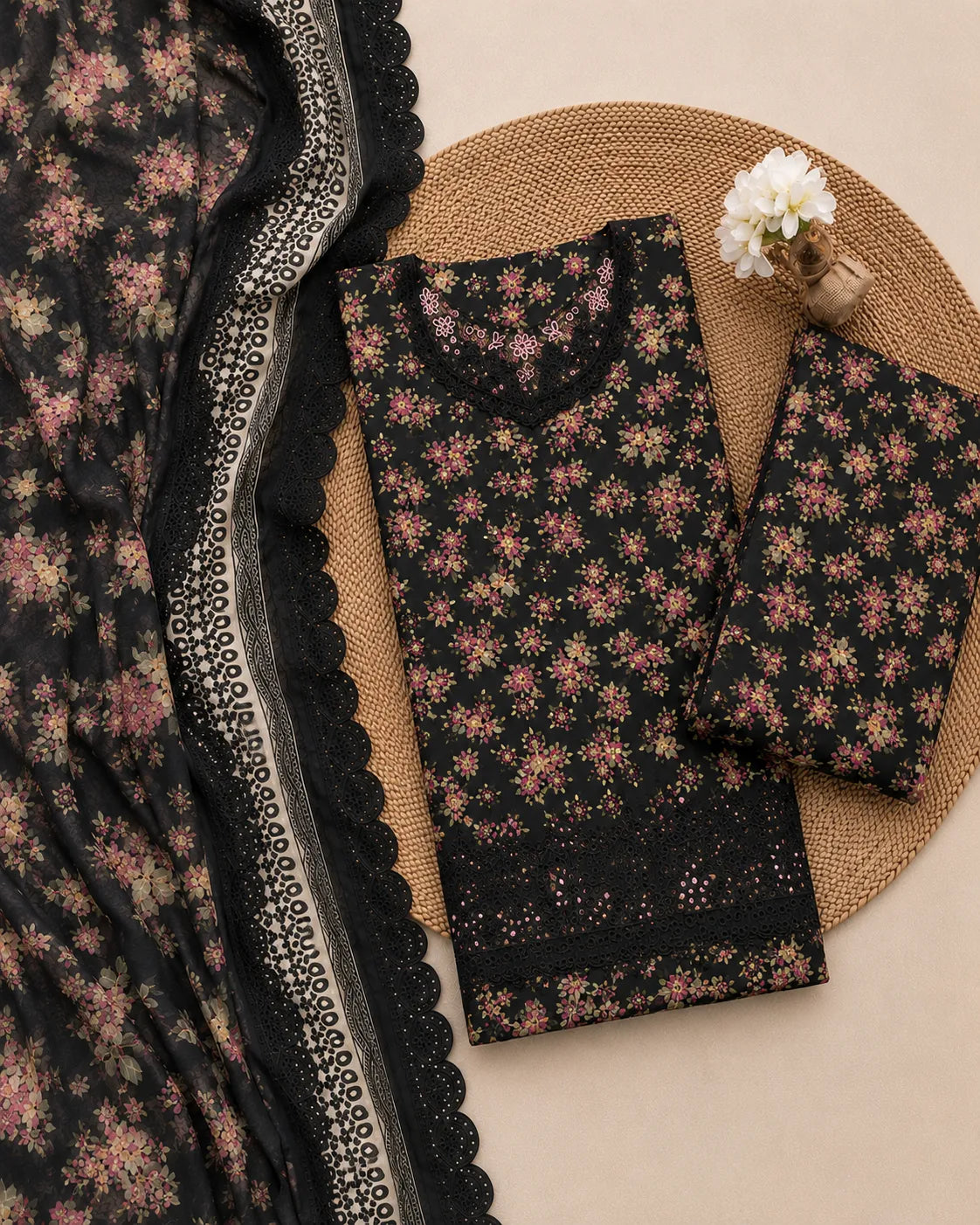 Izel – Noir Blossom Embroidered Lawn – 3PC