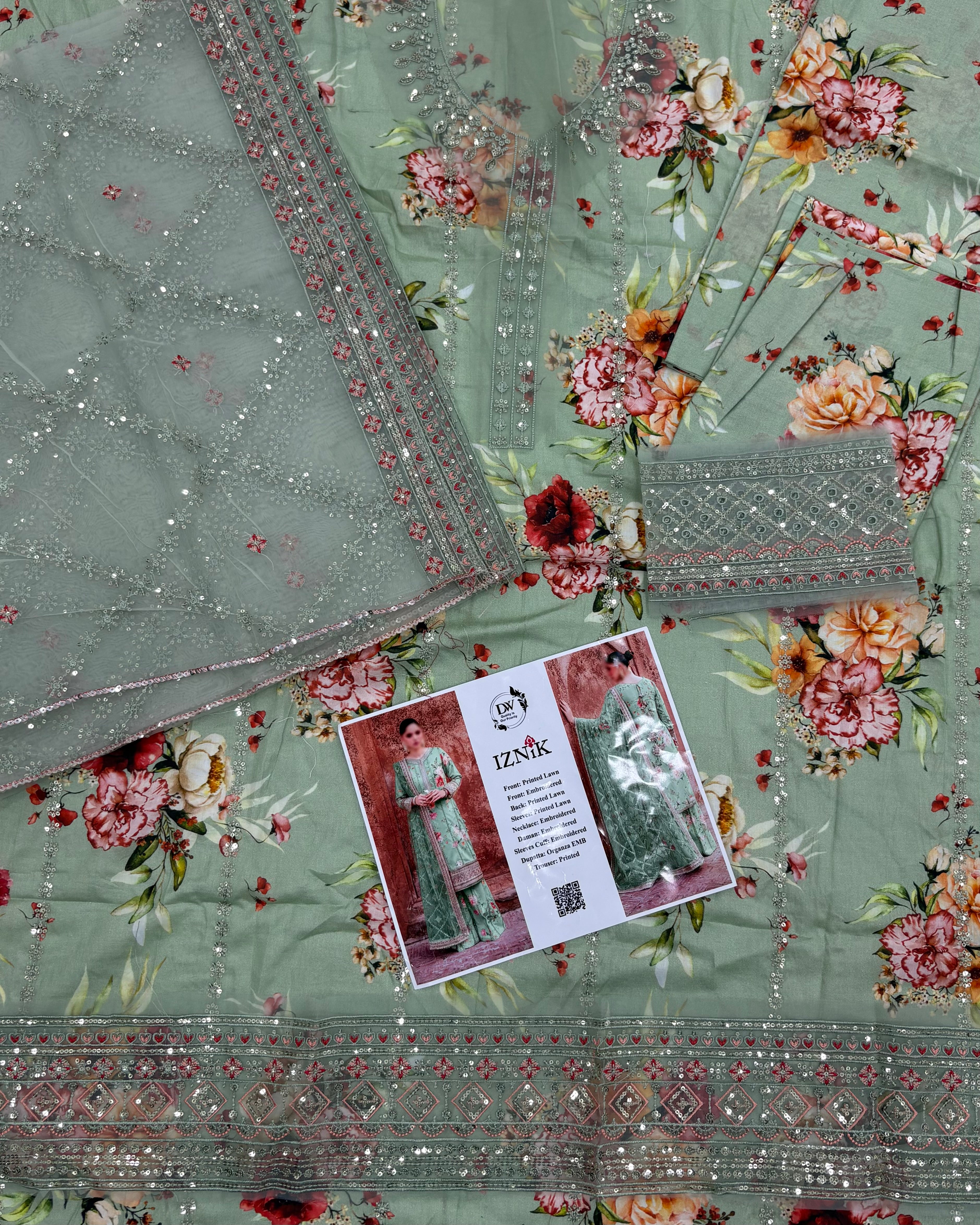 Iznik – Mint Serenity Floral Embroidered Lawn – 3PC