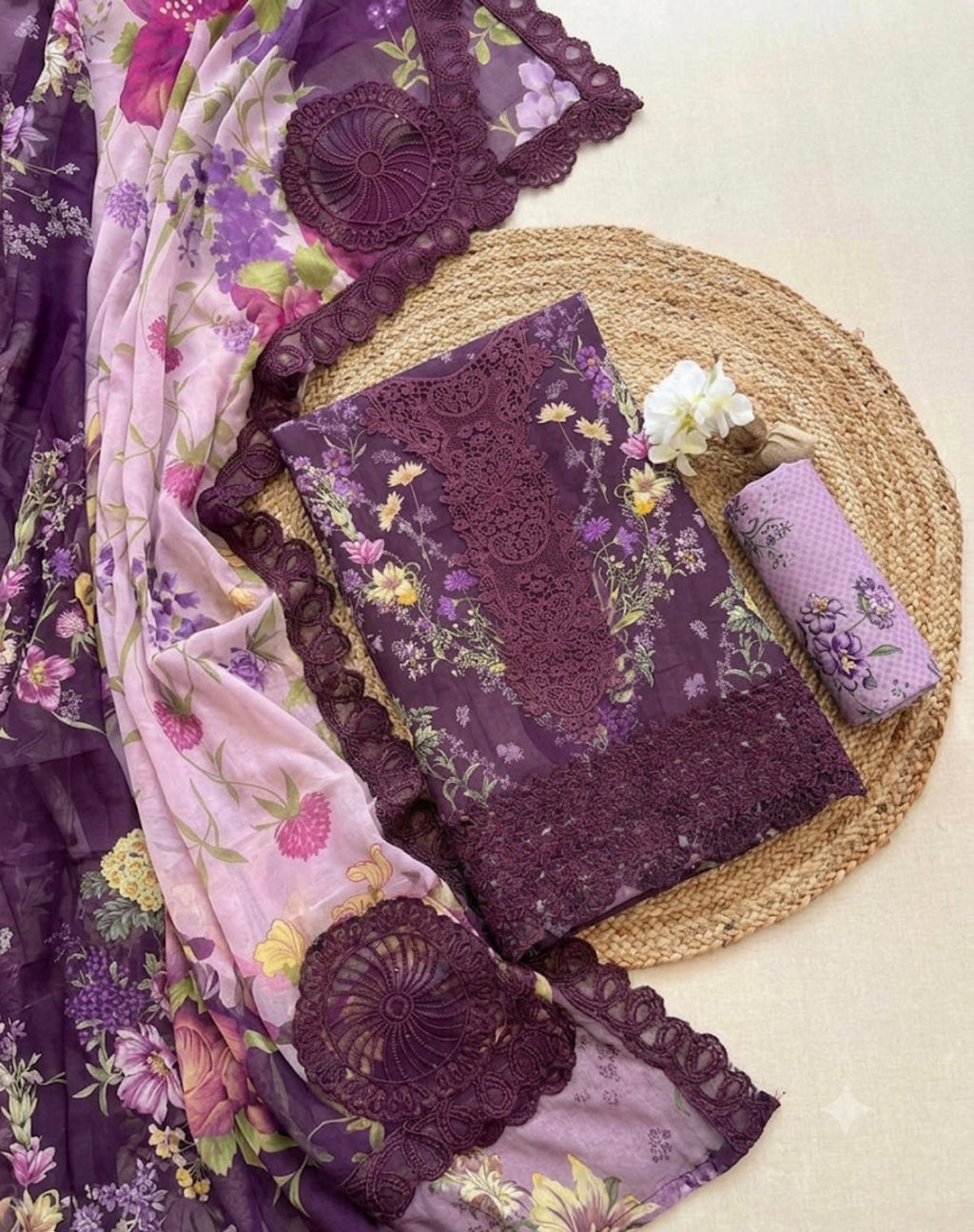 Maria B – Deep Purple Royal Floral Lawn with Cutwork Daman – 3PC