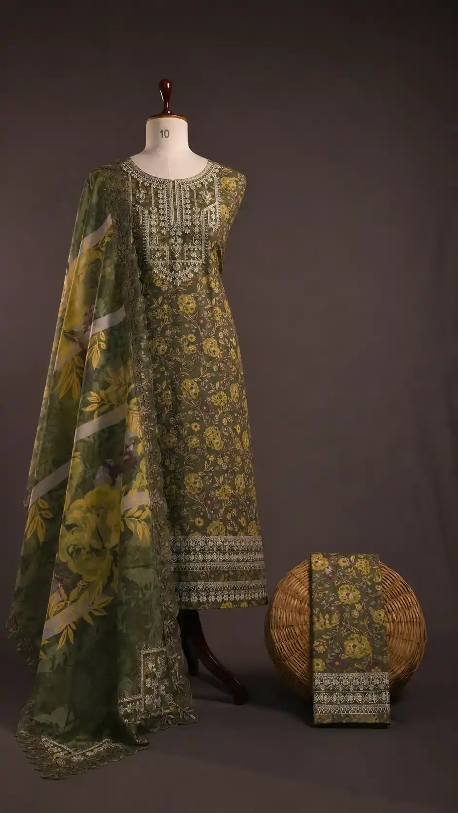 Mohagni – Vintage Olive Green Floral Printed Lawn – 3PC