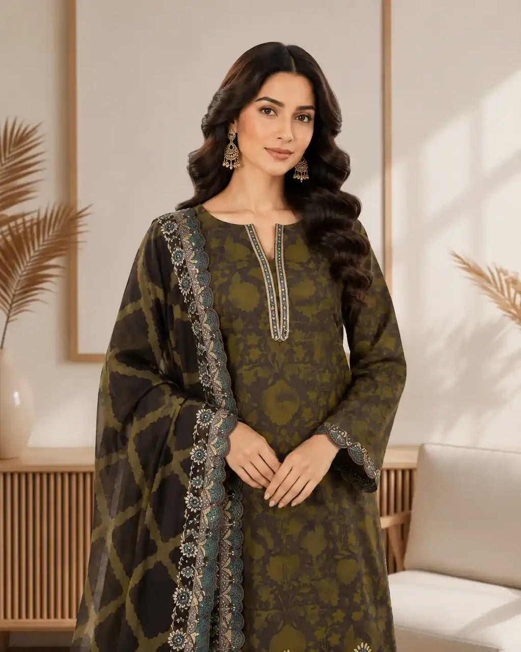 Maria B – Chocolate Brown Premium Cambric with Teal Border – 3PC