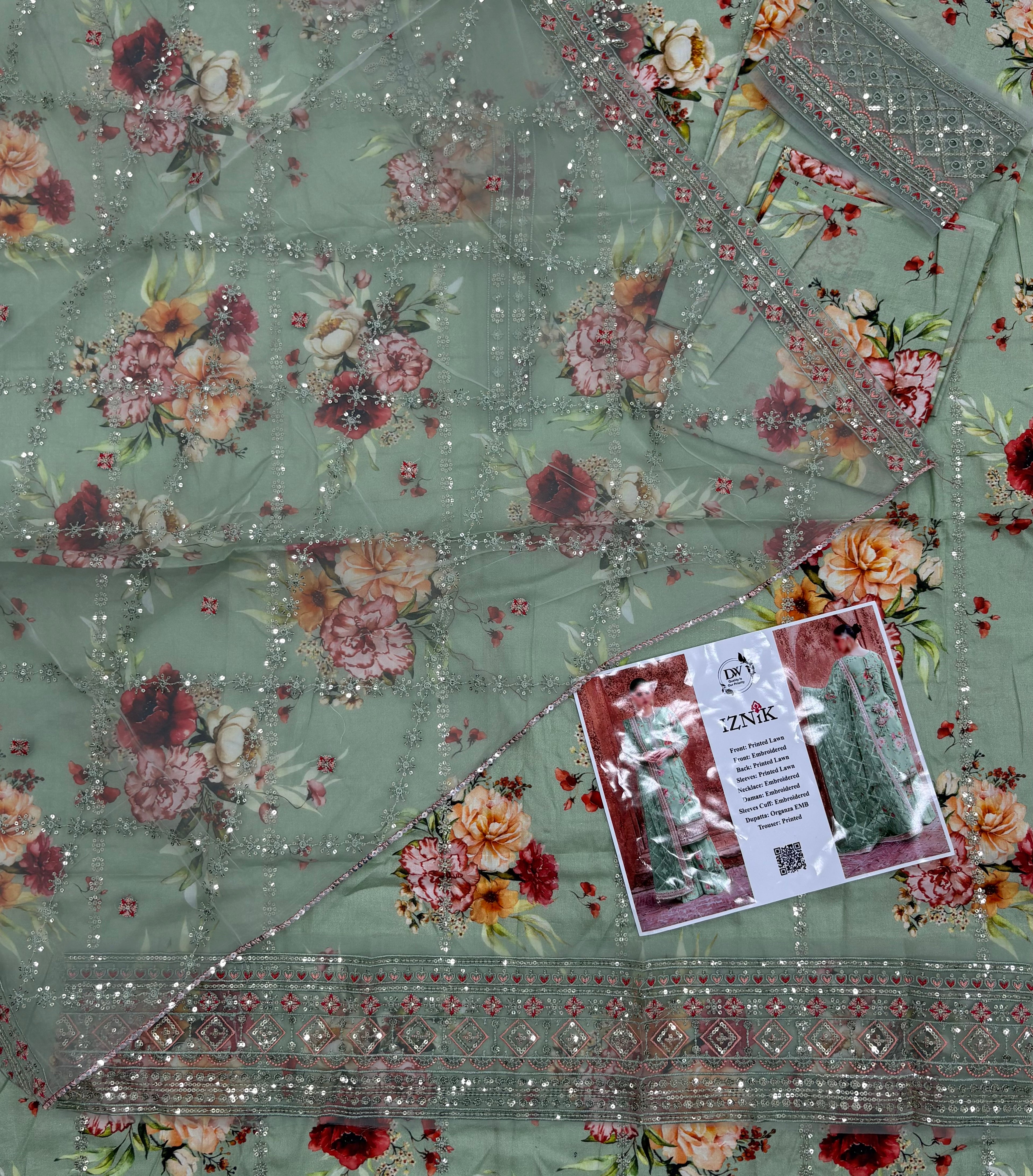Iznik – Mint Serenity Floral Embroidered Lawn – 3PC