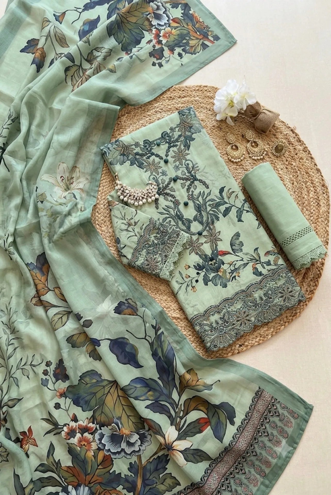 Rang Rasiya – Pistachio Mint Green Bird & Botanical Print – 3PC