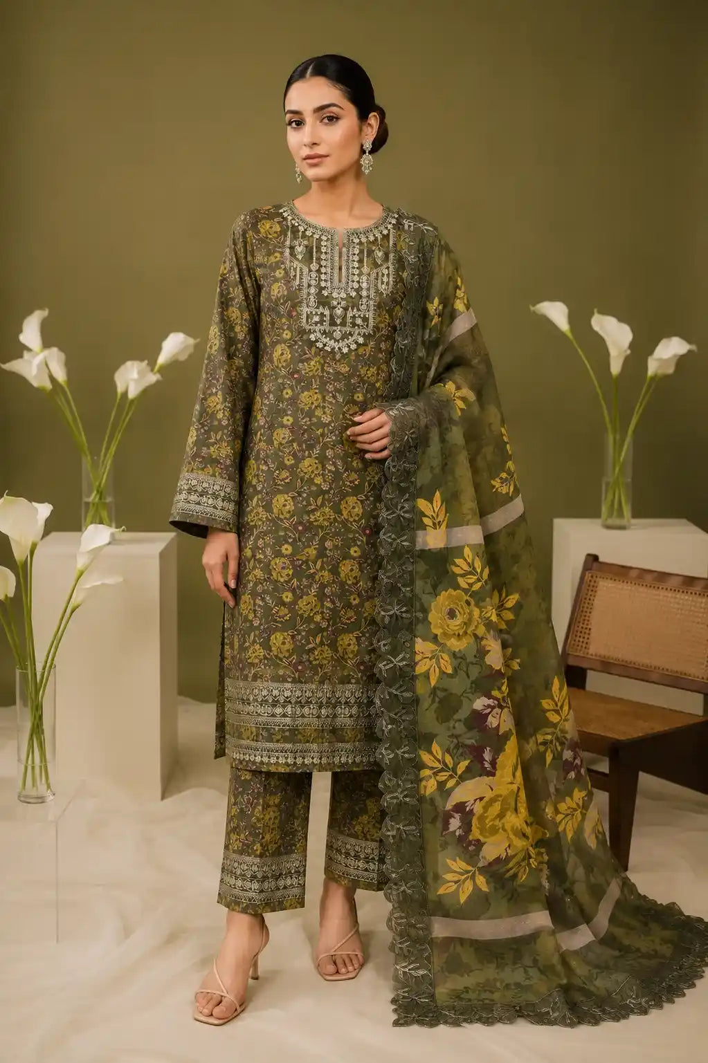 Mohagni – Vintage Olive Green Floral Printed Lawn – 3PC