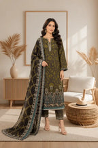 Maria B – Chocolate Brown Premium Cambric with Teal Border – 3PC