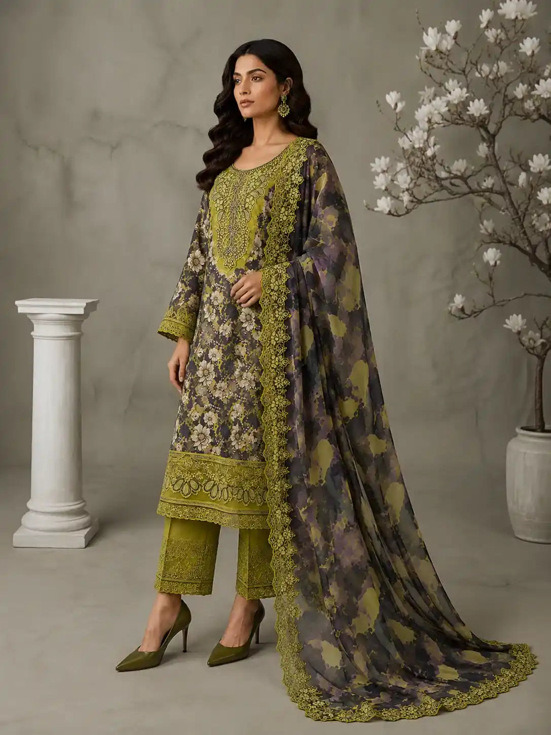 Ramsha – Olive Blossom Luxury Printed Lawn – 3PC