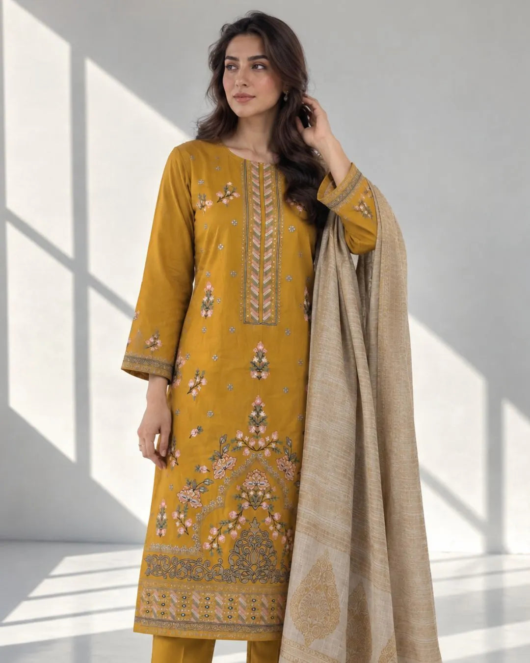 QURB — Embroidered Dhanak 3Pc