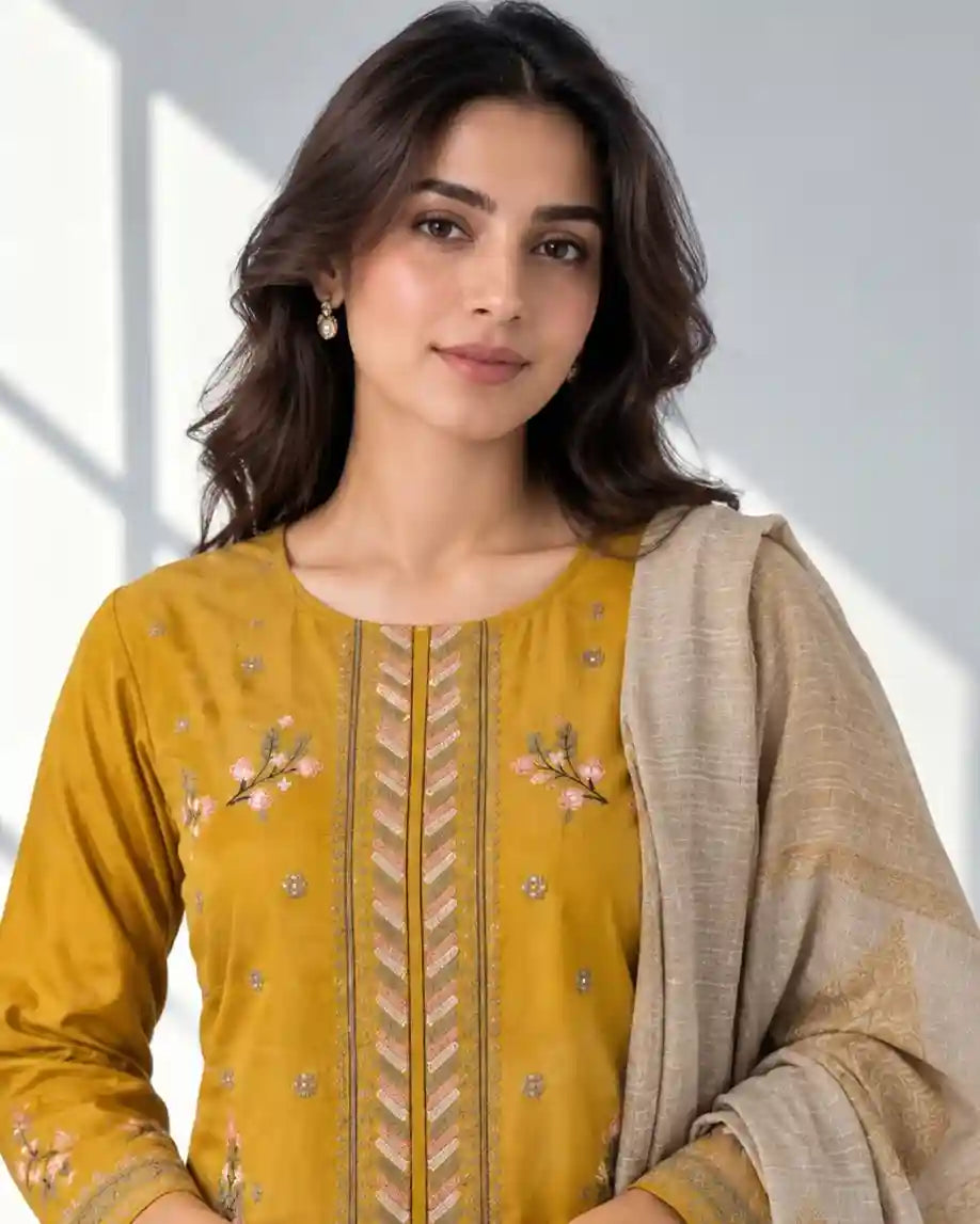 QURB — Embroidered Dhanak 3Pc