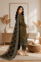 Maria B – Chocolate Brown Premium Cambric with Teal Border – 3PC