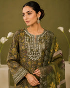 Mohagni – Vintage Olive Green Floral Printed Lawn – 3PC