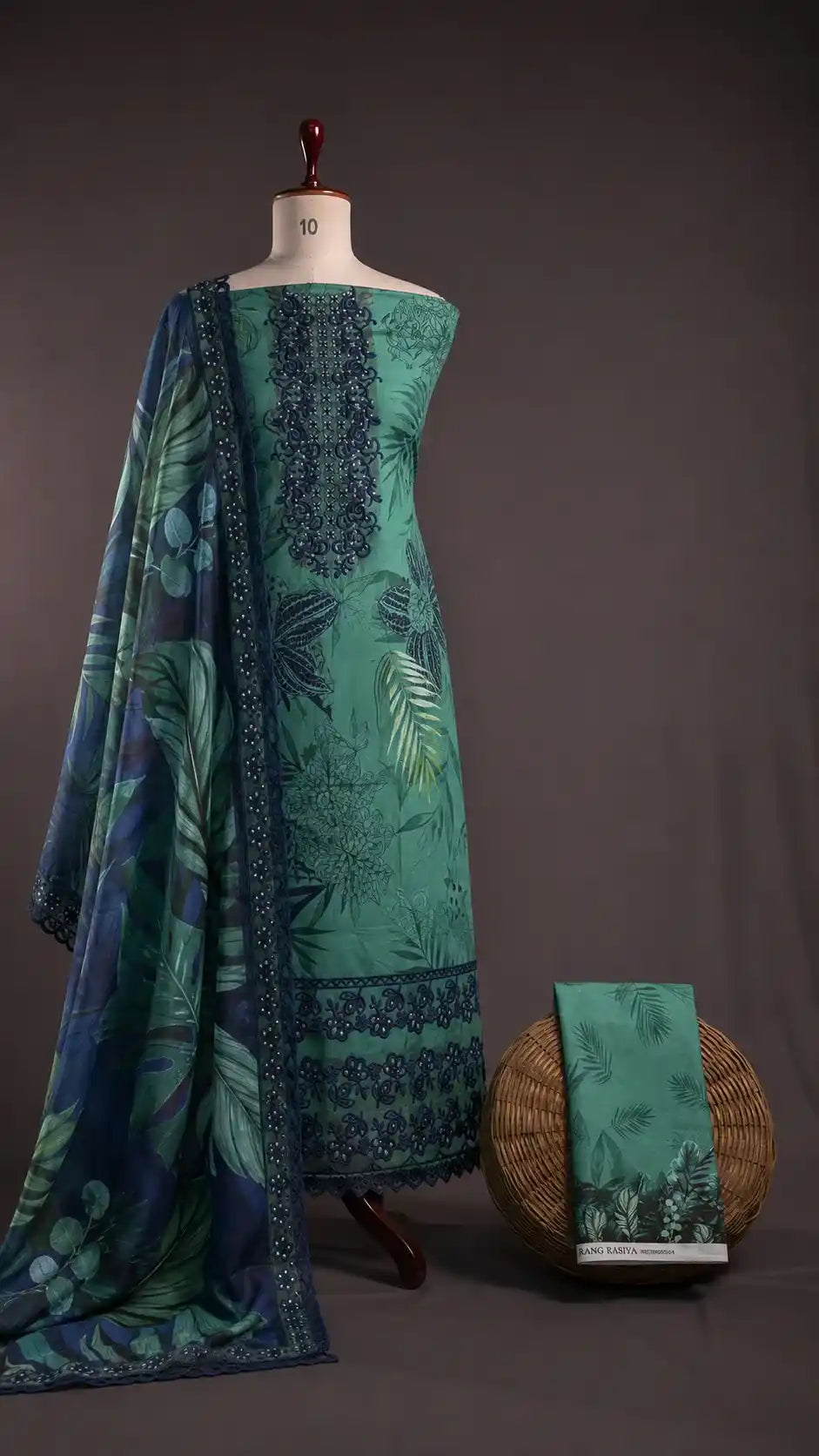 Rang Rasiya – Emerald Teal Tropical Leaf Print with Mirror-Work Gala – 3PC