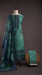 Rang Rasiya – Emerald Teal Tropical Leaf Print with Mirror-Work Gala – 3PC