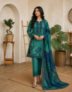 Rang Rasiya – Emerald Teal Tropical Leaf Print with Mirror-Work Gala – 3PC