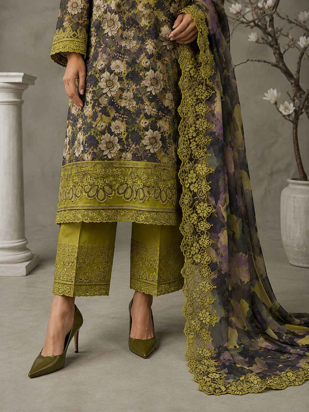 Ramsha – Olive Blossom Luxury Printed Lawn – 3PC