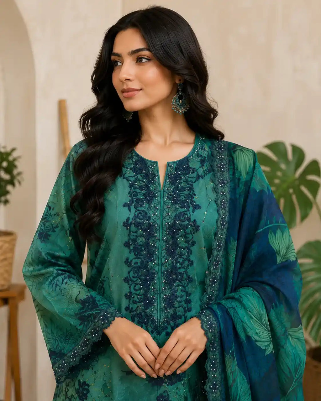 Rang Rasiya – Emerald Teal Tropical Leaf Print with Mirror-Work Gala – 3PC