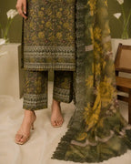 Mohagni – Vintage Olive Green Floral Printed Lawn – 3PC