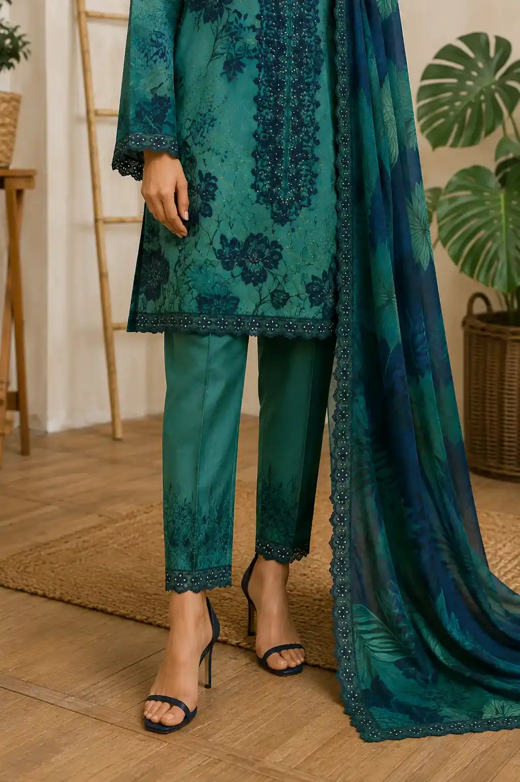 Rang Rasiya – Emerald Teal Tropical Leaf Print with Mirror-Work Gala – 3PC