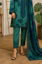 Rang Rasiya – Emerald Teal Tropical Leaf Print with Mirror-Work Gala – 3PC