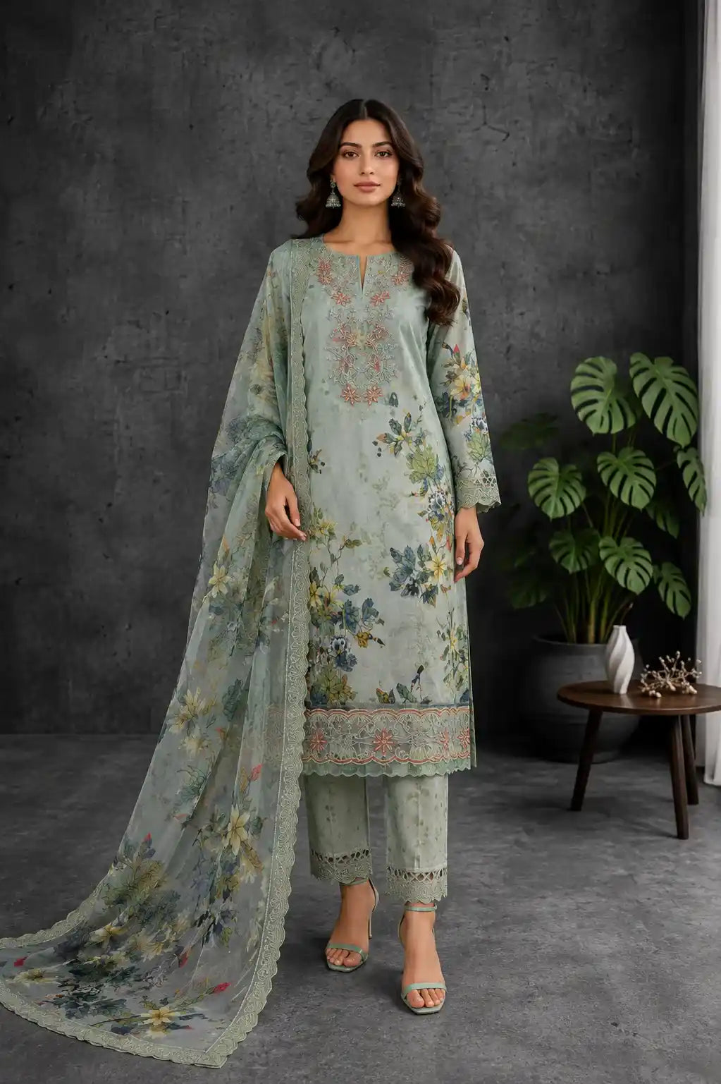Rang Rasiya – Pistachio Mint Green Bird & Botanical Print – 3PC