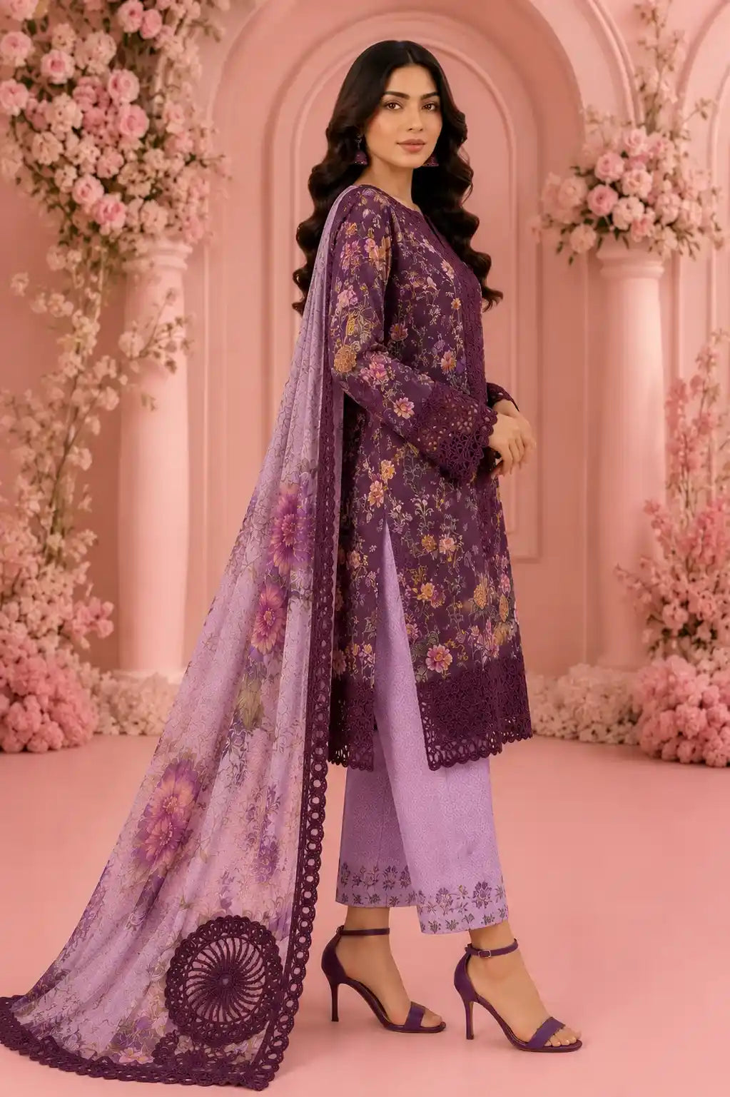 Maria B – Deep Purple Royal Floral Lawn with Cutwork Daman – 3PC
