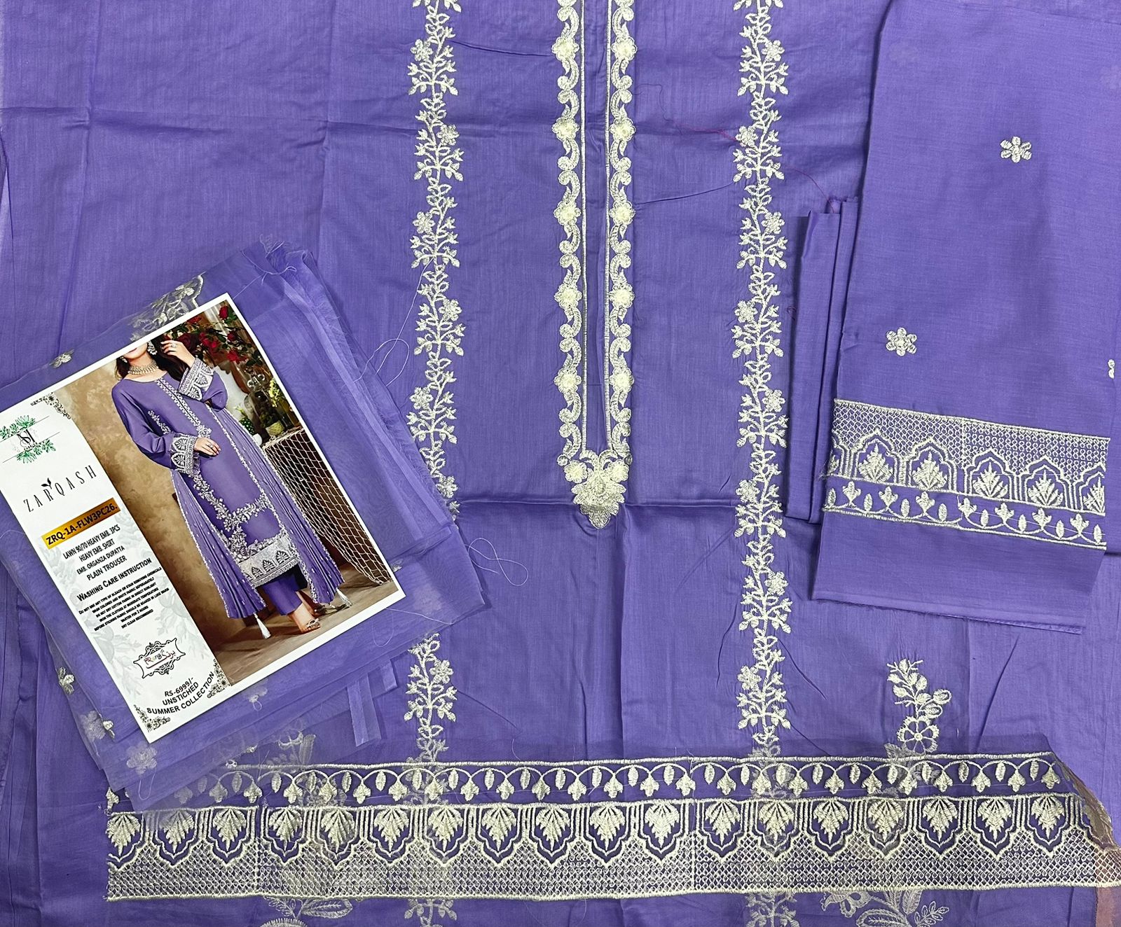 Qadri arts Lavender Chikankari Embroidered Lawn -3PC